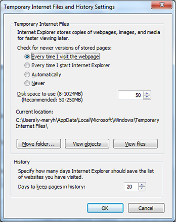 Temporary Internet Files and History Settings dialog box in Internet Explorer