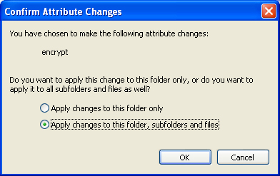 Confirm Attributes Changes dialog box for encryption